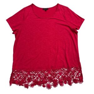 Lane Bryant Lace Trim Top Women 22/24 Red Short Sleeve Crochet Hem Plus Size
